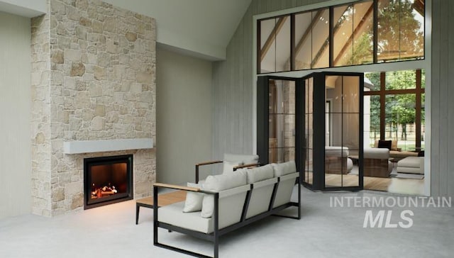 1054 N Delehaye Ave, Eagle, ID 83616 - view of patio / terrace featuring a stone fireplace