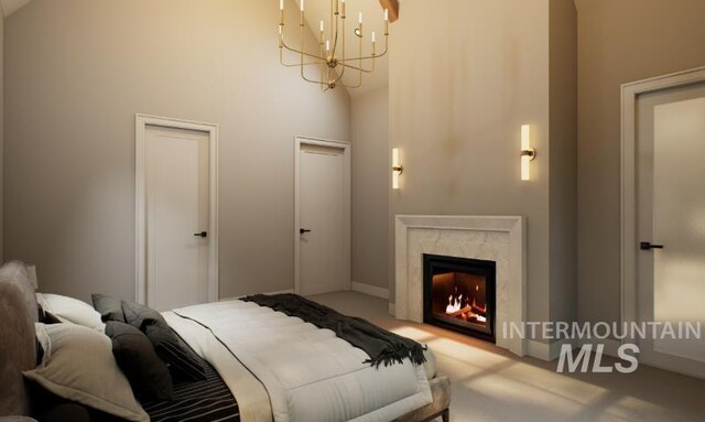 1054 N Delehaye Ave, Eagle, ID 83616 - bedroom with a high ceiling, carpet, a chandelier, baseboards, and a fireplace