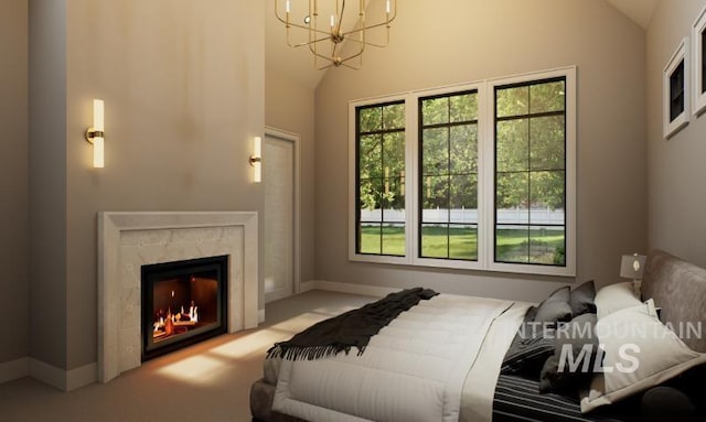 1054 N Delehaye Ave, Eagle, ID 83616 - bedroom featuring multiple windows, a chandelier, light carpet, a high end fireplace, and high vaulted ceiling