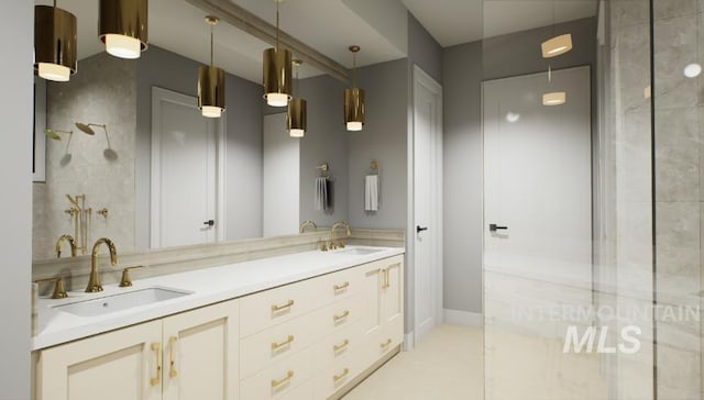 1054 N Delehaye Ave, Eagle, ID 83616 - bathroom featuring a shower, double vanity, and tile patterned flooring