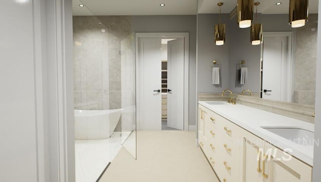 1054 N Delehaye Ave, Eagle, ID 83616 - bathroom featuring a soaking tub, double vanity, a tile shower, and recessed lighting