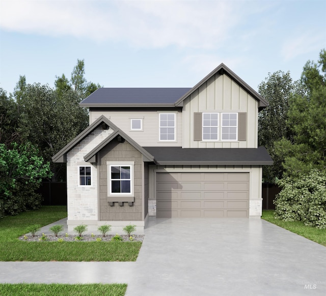 view of front of home with driveway, stone siding, board and batten siding, a front yard, and an attached garage