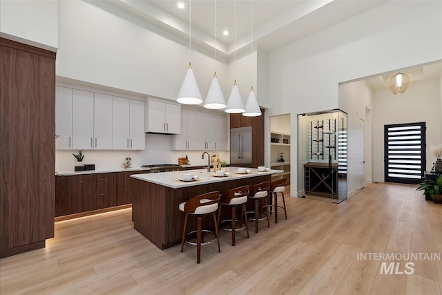 9891 W Napier Ct, Star, ID 83669 - kitchen featuring a towering ceiling, appliances with stainless steel finishes, light countertops, light wood-type flooring, and a kitchen bar