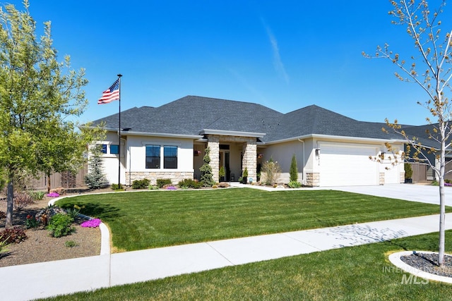 view of front of home featuring concrete driveway, a front yard, stone siding, and an attached garage
