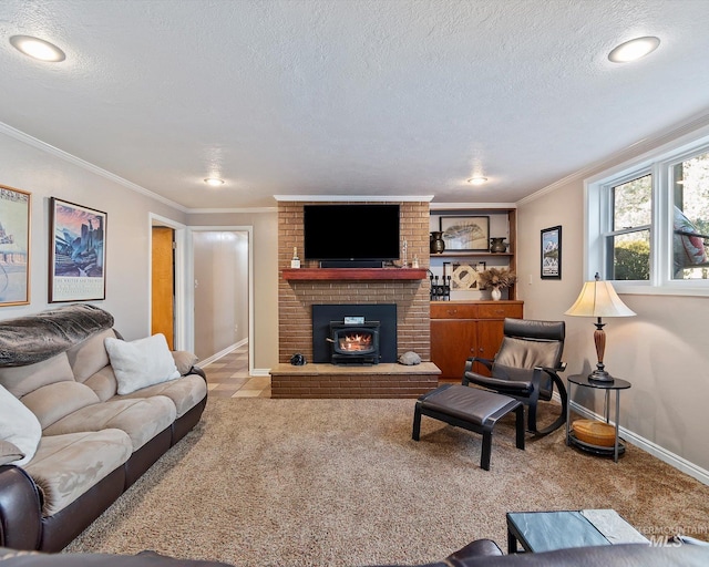 living area featuring ornamental molding, carpet, a textured ceiling, and baseboards