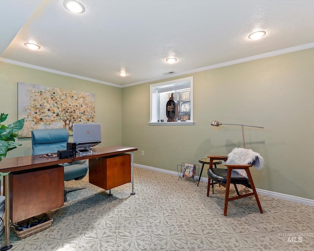 home office featuring carpet flooring, crown molding, a textured ceiling, and baseboards