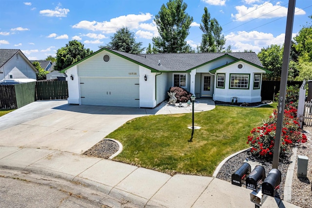 13725 W Fig St, Boise, ID 83713 - ranch-style house featuring an attached garage, concrete driveway, a shingled roof, and stucco siding