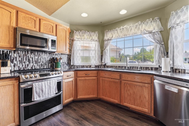 13725 W Fig St, Boise, ID 83713 - kitchen featuring appliances with stainless steel finishes, a sink, dark countertops, dark wood-style flooring, and decorative backsplash