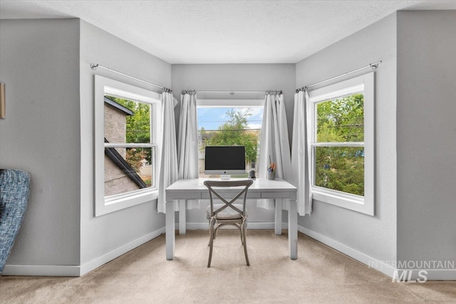 office area featuring light carpet and a textured ceiling