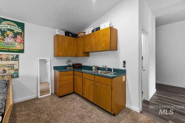 kitchen with lofted ceiling, sink, and a textured ceiling