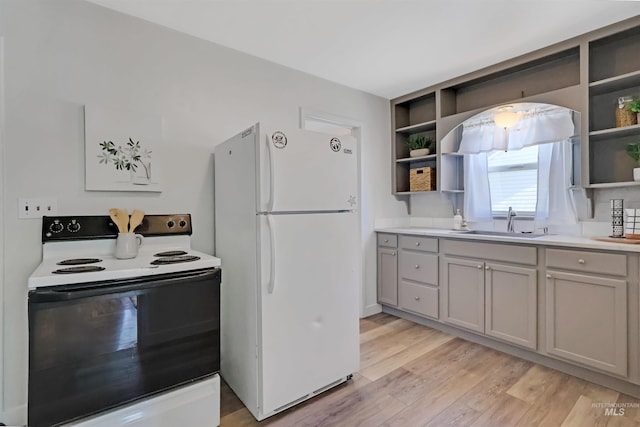 116 6th Ave E, Jerome, ID 83338 - kitchen featuring white appliances, open shelves, a sink, gray cabinetry, and light wood-style flooring