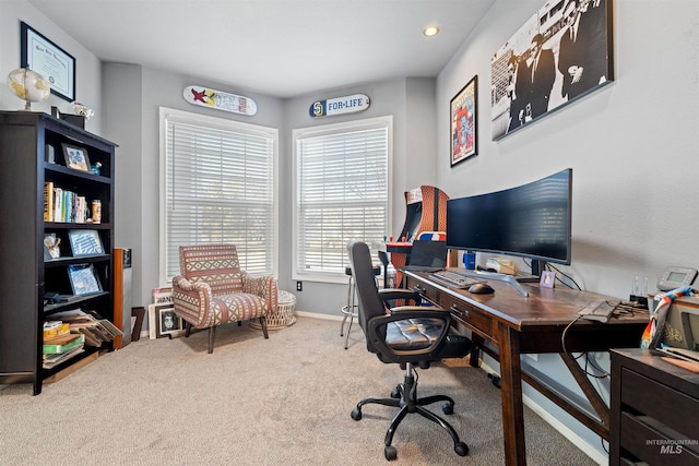 office space with carpet, baseboards, and recessed lighting