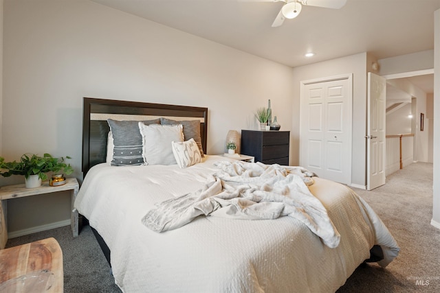 bedroom featuring carpet, recessed lighting, a closet, a ceiling fan, and baseboards