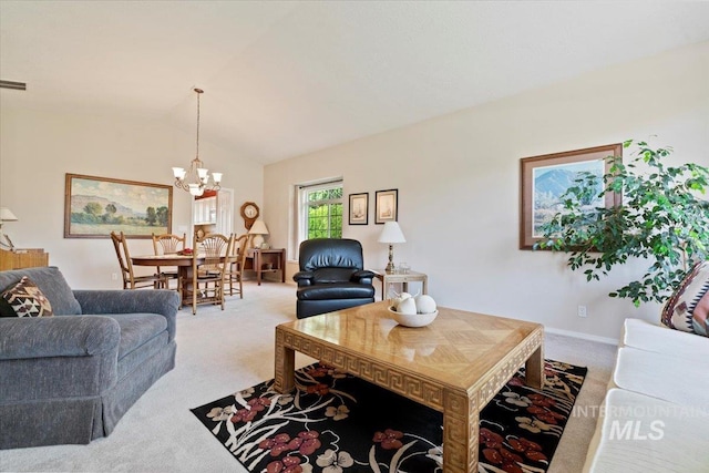 living area with light colored carpet, a chandelier, lofted ceiling, and baseboards