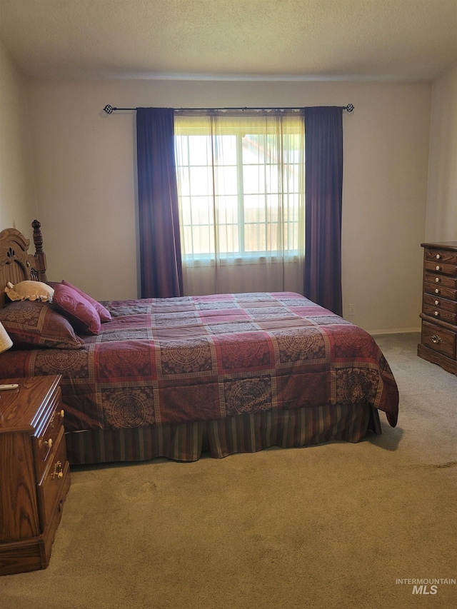 carpeted bedroom with a textured ceiling