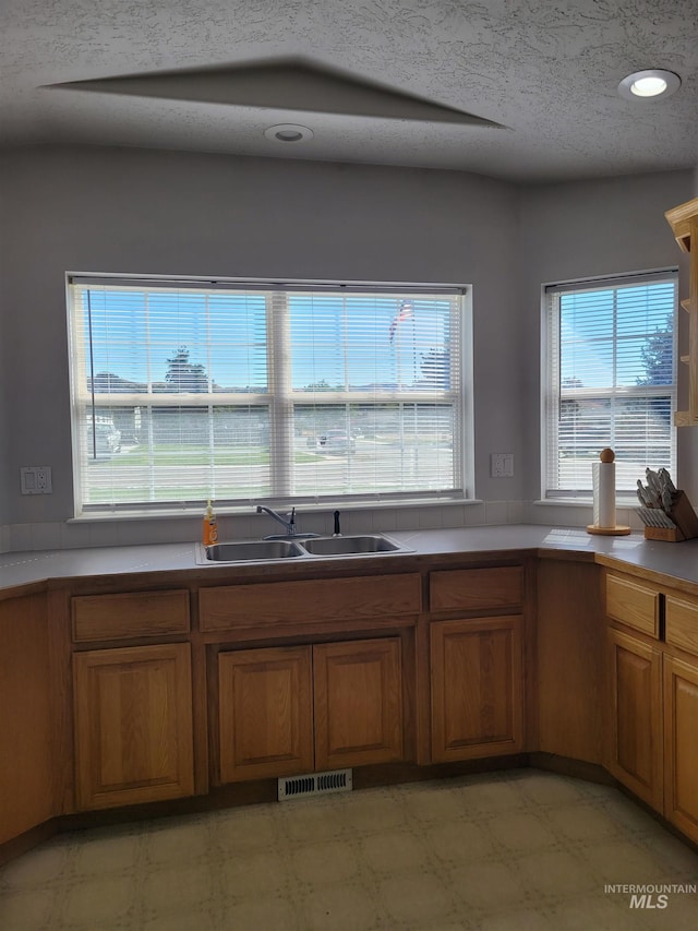 kitchen featuring a textured ceiling and sink