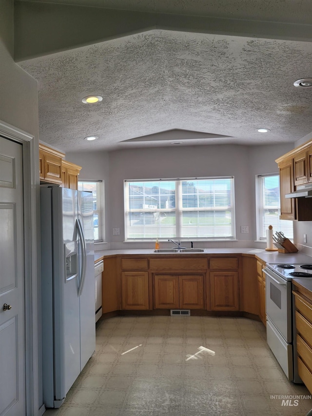 kitchen with fridge with ice dispenser, electric stove, sink, and plenty of natural light