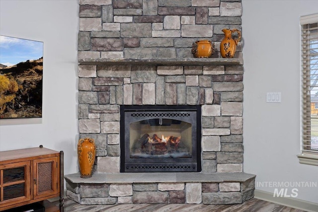 details with a fireplace and hardwood / wood-style flooring