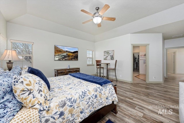 bedroom with ceiling fan, a tray ceiling, multiple windows, and wood-type flooring