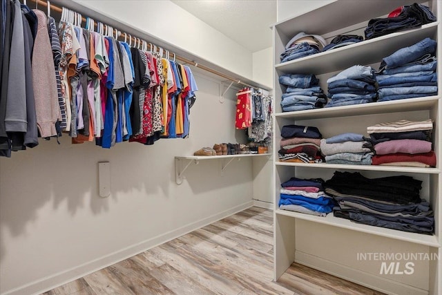 walk in closet with light hardwood / wood-style floors