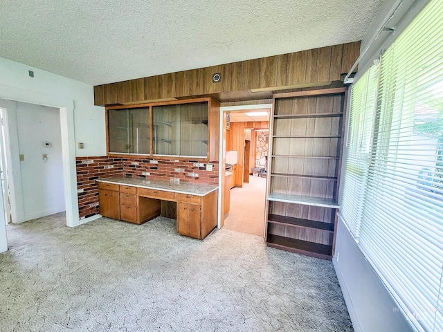 kitchen featuring light carpet, a textured ceiling, and wooden walls