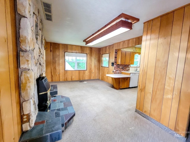 living room with light colored carpet, wooden walls, and sink