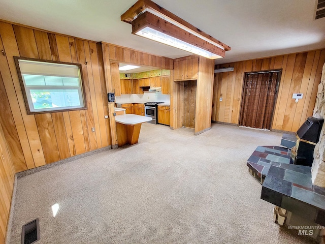 living room featuring light carpet and wood walls