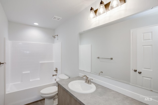 full bath featuring visible vents, toilet,  shower combination, and vanity