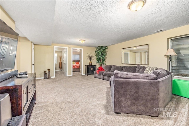 carpeted living room featuring a textured ceiling