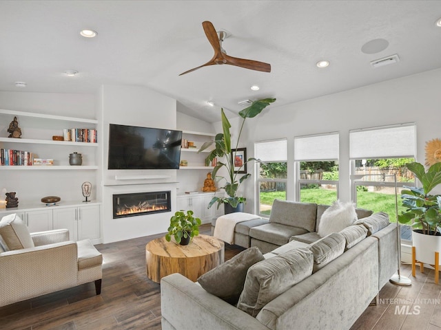 2510 N 24th St, Boise, ID 83702 - living area featuring dark wood-style floors, a glass covered fireplace, recessed lighting, lofted ceiling, and a ceiling fan