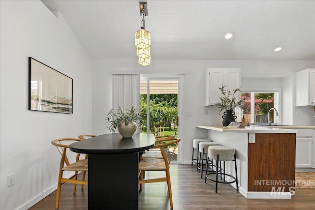 5692 S Flax Pl, Boise, ID 83716 - dining area featuring healthy amount of natural light, dark wood-type flooring, baseboards, recessed lighting, and a textured ceiling