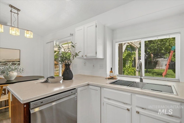5692 S Flax Pl, Boise, ID 83716 - kitchen with stainless steel dishwasher, a sink, white cabinetry, healthy amount of natural light, and a textured ceiling