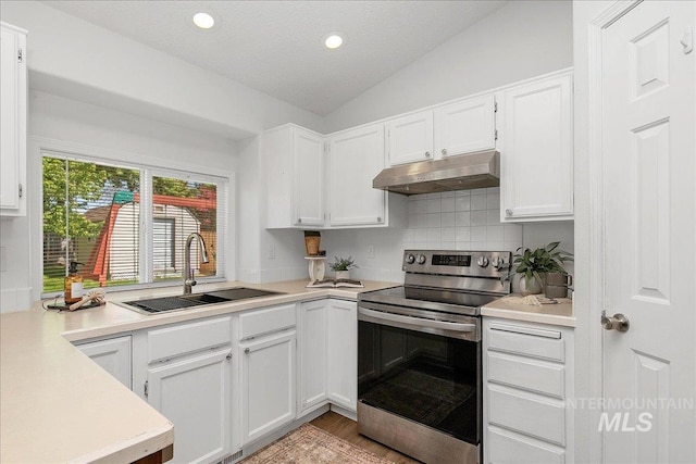 5692 S Flax Pl, Boise, ID 83716 - kitchen with stainless steel range with electric stovetop, a sink, under cabinet range hood, vaulted ceiling, and backsplash