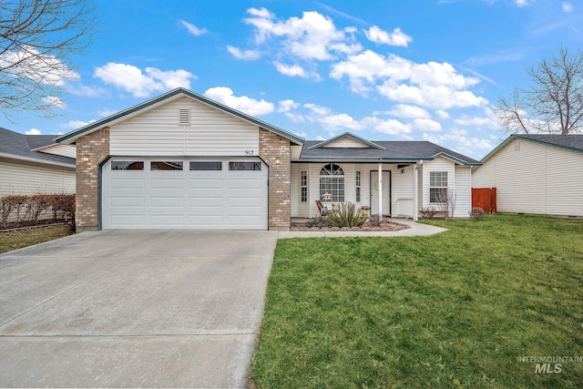 single story home with a garage, covered porch, and a front yard