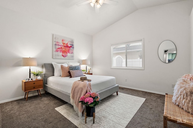 bedroom with dark carpet, vaulted ceiling, and ceiling fan