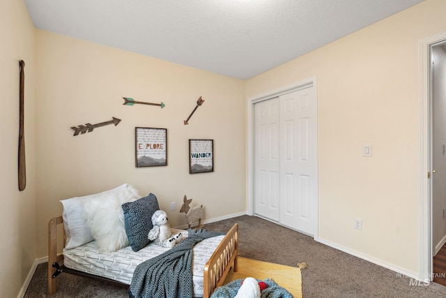 sitting room with dark carpet and a textured ceiling