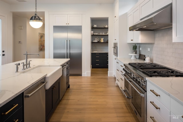 kitchen featuring pendant lighting, high quality appliances, white cabinetry, decorative backsplash, and light hardwood / wood-style floors