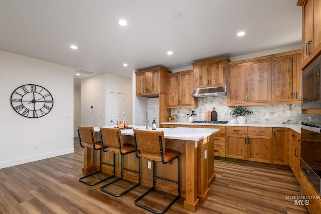 12653 W Pine Grass St, Star, ID 83669 - kitchen featuring under cabinet range hood, dark wood finished floors, appliances with stainless steel finishes, a center island with sink, and recessed lighting