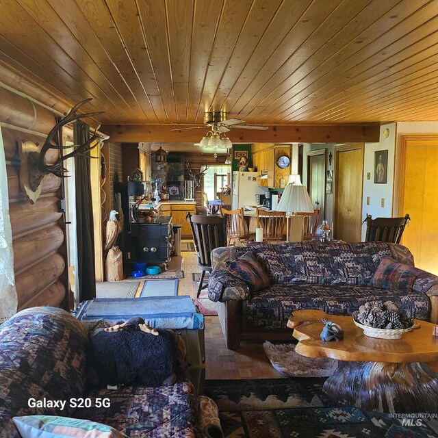 1050 Maxwell Ln, Elk City, ID 83525 - living area featuring wooden ceiling and a fireplace
