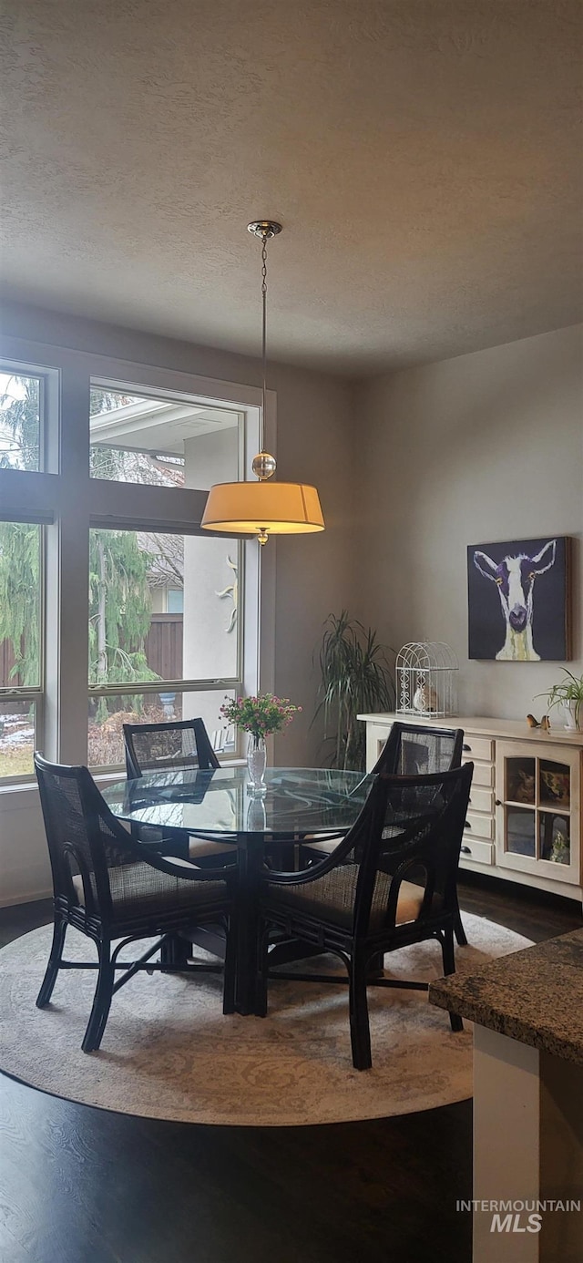 dining room with wood-type flooring and a textured ceiling