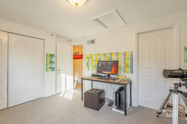 interior space with a textured ceiling and carpet flooring