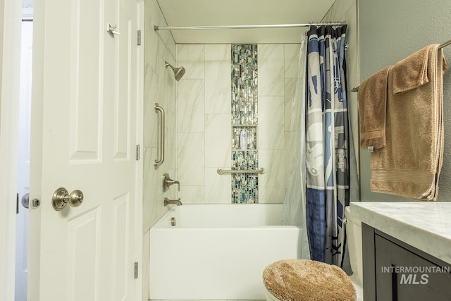 full bathroom featuring vanity, toilet, and shower / tub combo