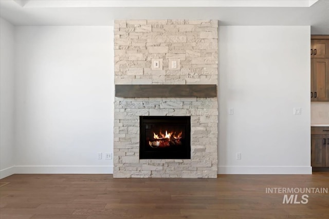 interior details with baseboards, wood finished floors, and a stone fireplace