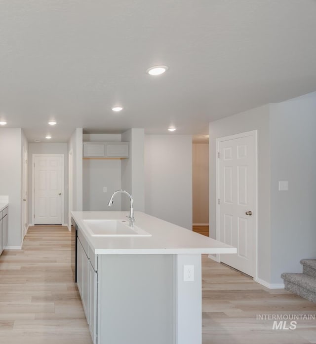 kitchen with a center island with sink, light hardwood / wood-style floors, and sink