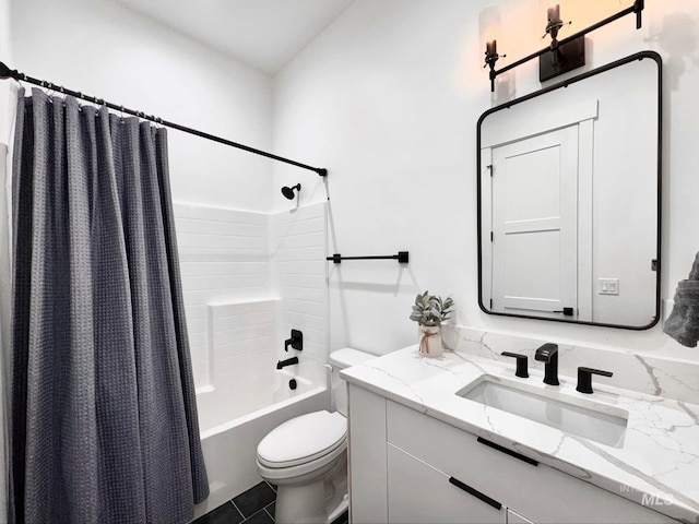 bathroom featuring toilet, vanity, shower / tub combo with curtain, and tile patterned floors