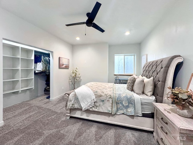 carpeted bedroom with a spacious closet, ceiling fan, recessed lighting, baseboards, and a closet