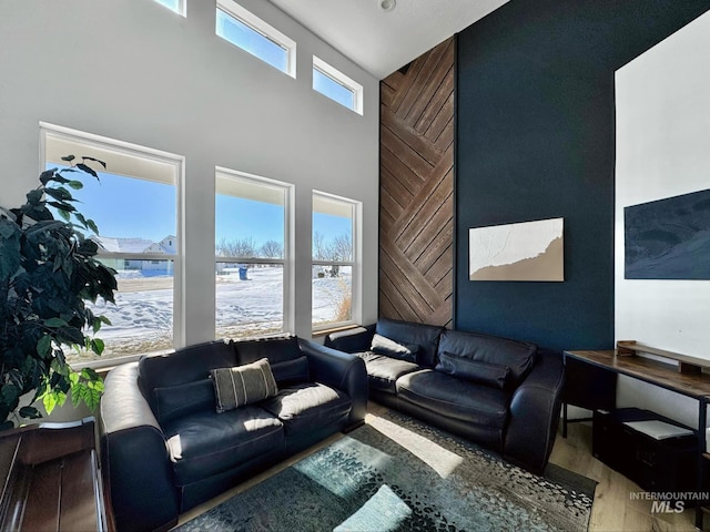 living room with wood finished floors and a high ceiling