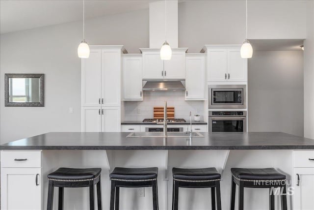9805 Salmon Ridge Pl, Nampa, ID 83686 - kitchen with stainless steel appliances, under cabinet range hood, dark countertops, decorative backsplash, and white cabinets
