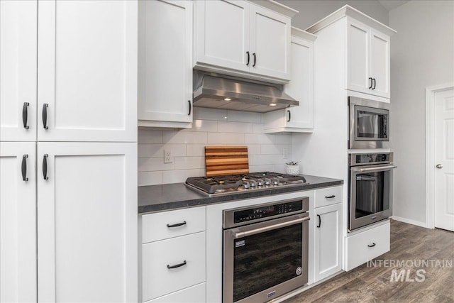 9805 Salmon Ridge Pl, Nampa, ID 83686 - kitchen with stainless steel appliances, under cabinet range hood, dark countertops, and dark wood-type flooring