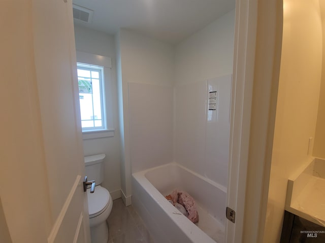 full bathroom with tile patterned flooring, a washtub, toilet, visible vents, and a shower